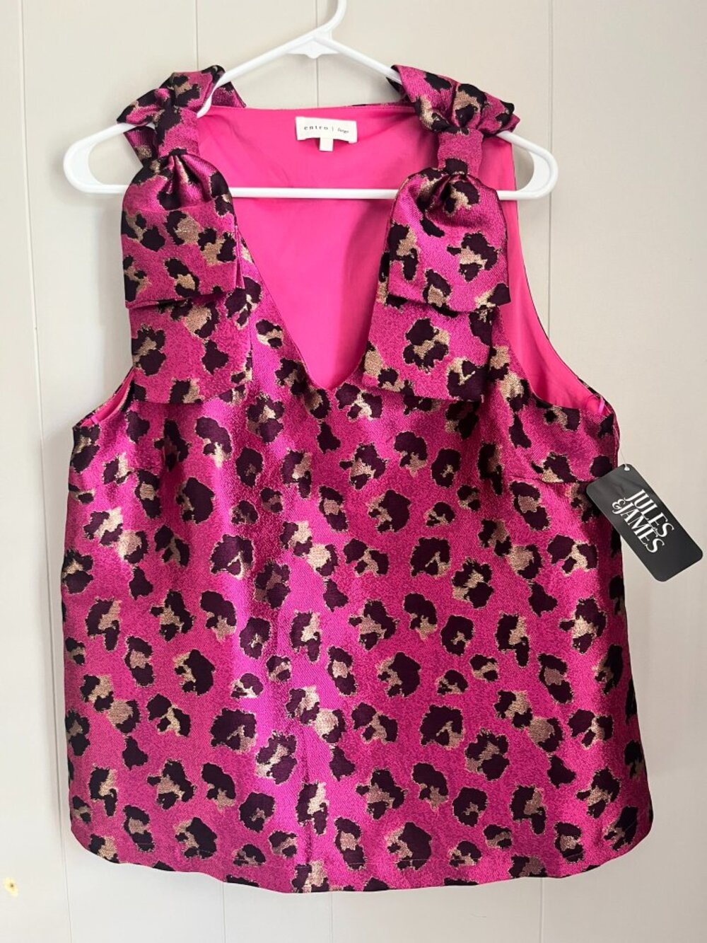 NWT Entro Pink Animal Print Tie Shoulder Sleeveless Top Women's L